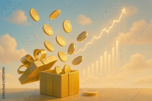  A golden gift box releases coins into the air, symbolizing financial surprise, investment rewards, and upward economic success.