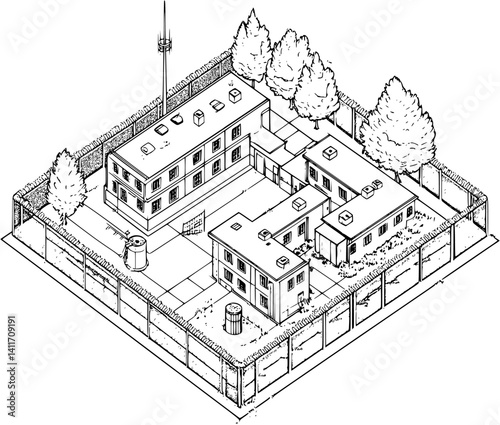 Detention center coloring book isometric view, Detention center vector illustration