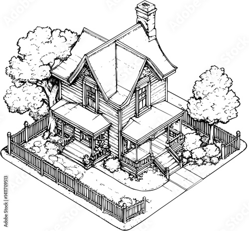Multi-generational home coloring book isometric view, Multi-generational home vector illustration