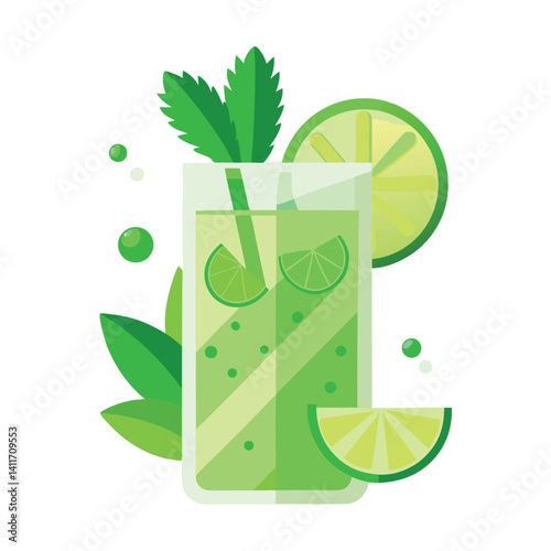 Cucumber lime mocktail with herbs in white background.