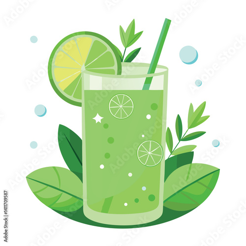 Cucumber lime mocktail with herbs in white background.