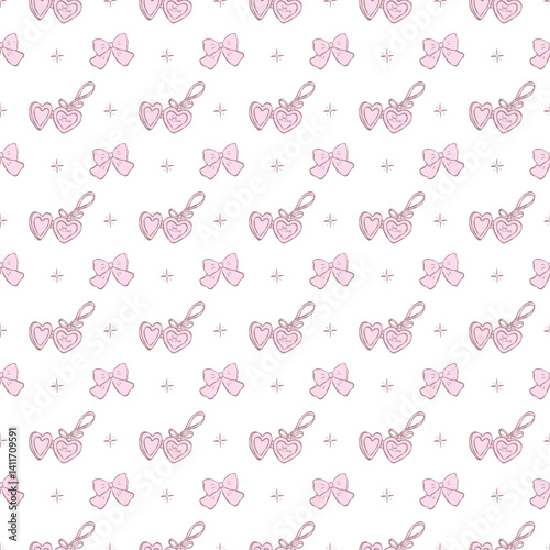 Coquette seamless pattern vintage pink ribbon bow and heart locket necklace