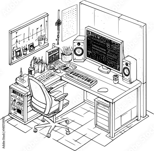 Recording studio coloring book isometric view, Recording studio vector illustration