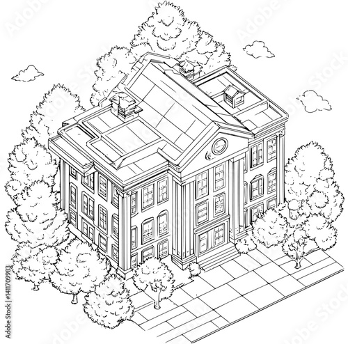 Isometric view of School coloring book style, School vector illustration