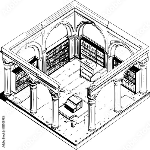 Isometric view of Shopping arcade coloring book style, Shopping arcade vector illustration