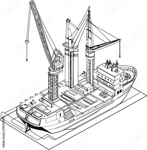 Shipyard coloring book isometric view, Shipyard vector illustration