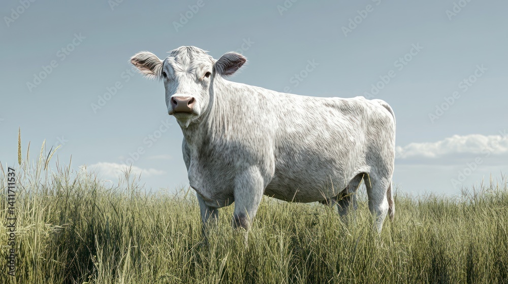 A single white cow stands peacefully in a grassy meadow A single white cow stands peacefully in a grassy meadow