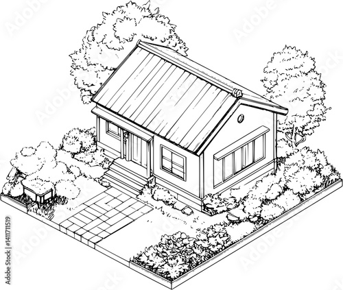 Isometric view of Bungalow coloring book style, Bungalow illustration art