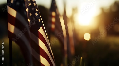 Golden Hour Patriotism American Flags at Sunset.