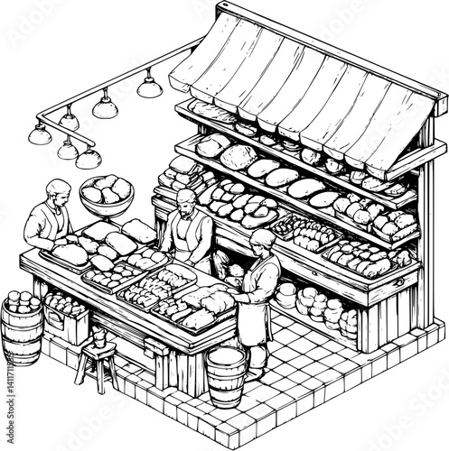 Isometric view of Butcher shop coloring book style, Butcher shop illustration art