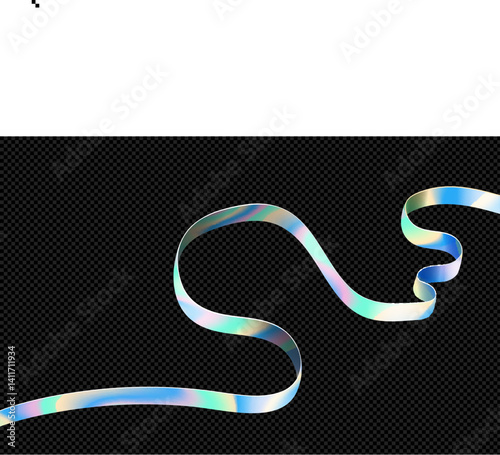 Abstract holographic ribbon isolated on black background. Silver wavy tape with rainbow color effect, Hologram gradient line design element , vector realistic