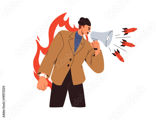 Man announcing war. Angry politician warning, threatening with military rockets attack, aggressive communication. Aggression, threat in speech. Flat vector illustration isolated on white background