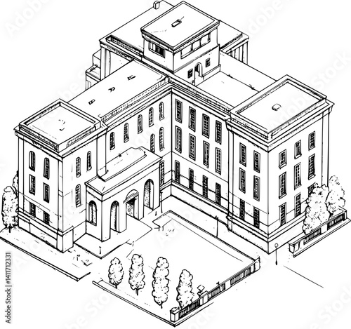 Isometric view of Sanatorium coloring book style, Sanatorium illustration art
