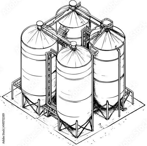 Silo coloring book isometric view, Silo illustration art
