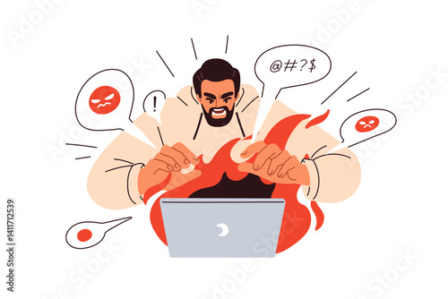 Online hate on social media, network. Internet angry hater abusing, commenting. Cyberbullying concept. Attacking in digital communication. Flat vector illustration isolated on white background