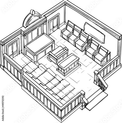 Isometric view of Tribunal coloring book style, Tribunal illustration art