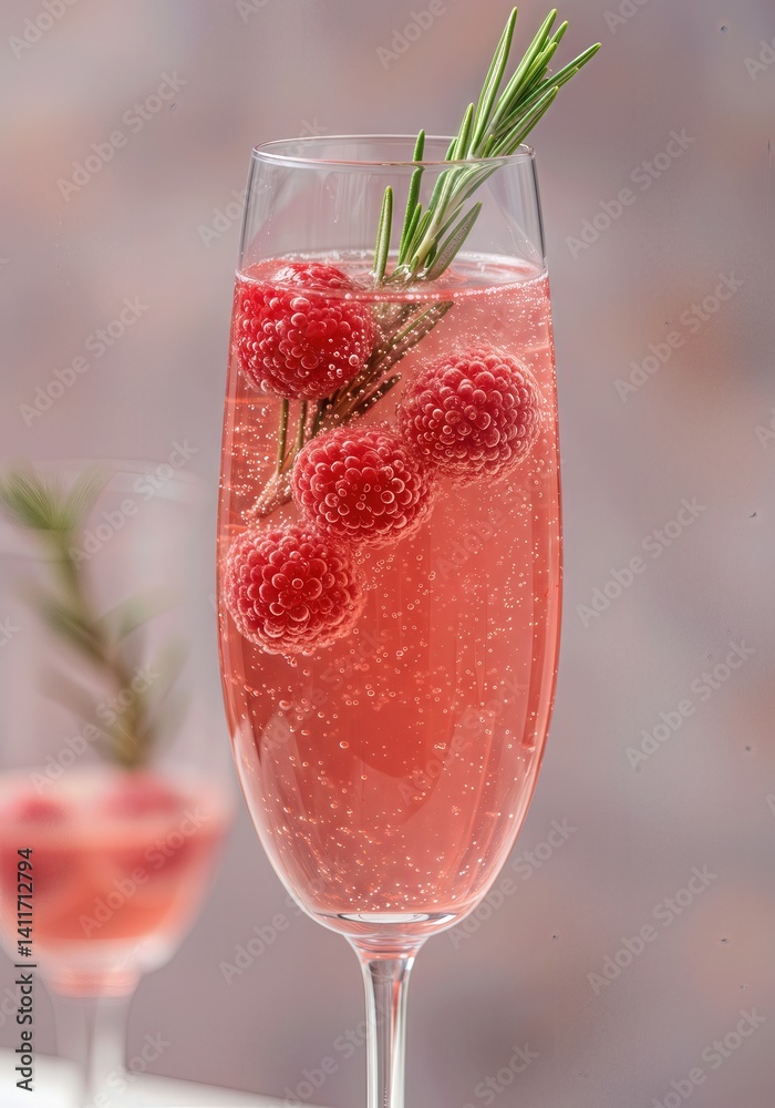 A 3d illustration of a fizzy, alcohol-free mocktail in a champagne flute, with fresh raspberries and a sprig of rosemary, bubbles rising through the pink-hued liquid. A 3d illustration of a fizzy, alcohol-free mocktail in a champagne flute, with fresh raspberries and a sprig of rosemary, bubbles rising through the pink-hued liquid.