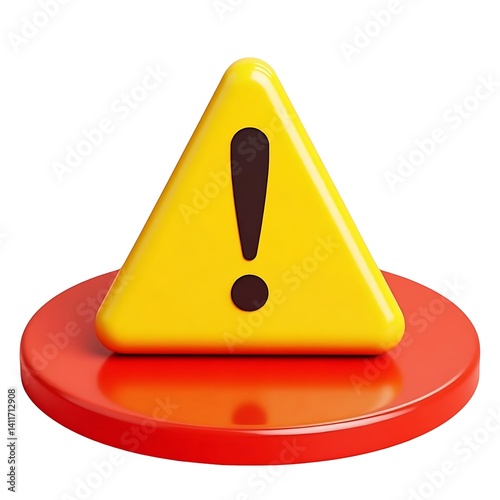 3D yellow warning icon exclamation mark plastic red base white