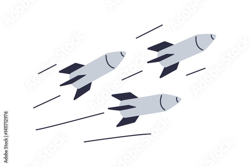 Missiles flying, war action. Military explosive rocket weapon launched. Air forces, airstrike danger, threat. Warfare attack, conflict. Flat graphic vector illustration isolated on white background