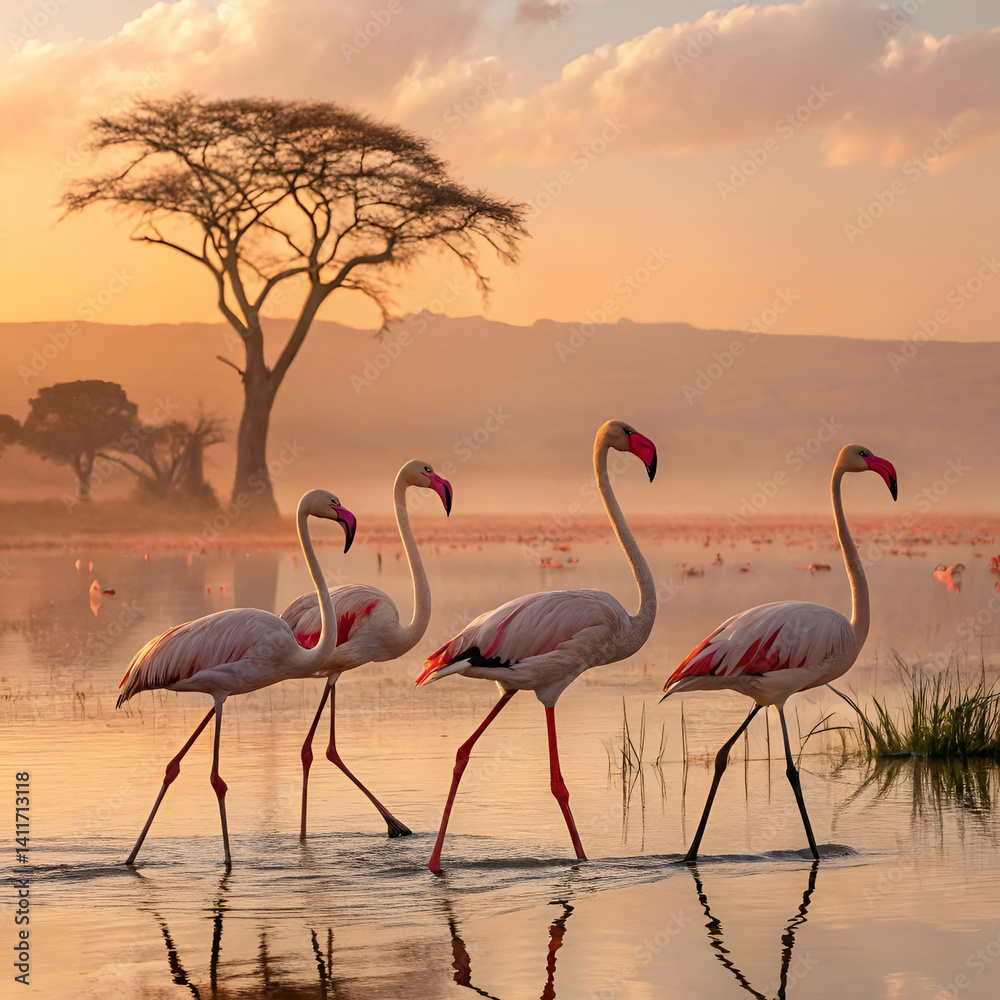 Naklejka premium Flamingos in African wetlands, a breathtaking ultra-realistic scene with a group of elegant flamingos standing in the shallow waters, surrounded by lush greenery and a vibrant sunset sky.