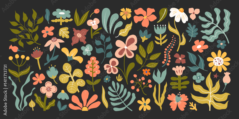 Obraz premium Hand-drawn set of abstract botanical flowers and leaves in earthy retro color palette. Floral doodle clipart for stickers, fabric prints, posters, greeting cards, scrapbooking and digital design.