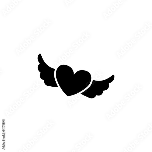 Simple black vector icon of a heart shape with wings, symbolizing flying or free love