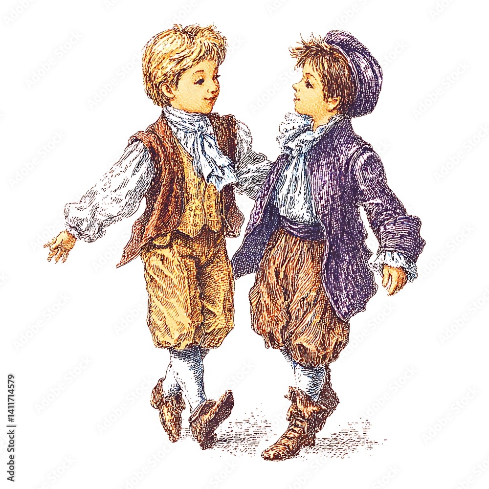 Naklejka premium Two Young Boys in 18th Century Clothing Face Each Other, Antique Illustration.