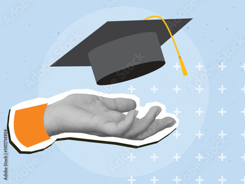 Black and white hand tosses college cap. Degree ceremony concept. Modern collage style. Vector illustration