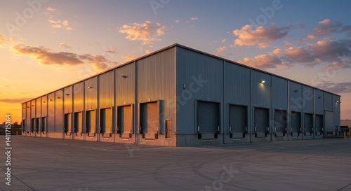 Fototapeta Naklejka Na Ścianę i Meble -  A large industrial warehouse with metallic walls and multiple roller doors captured at sunset