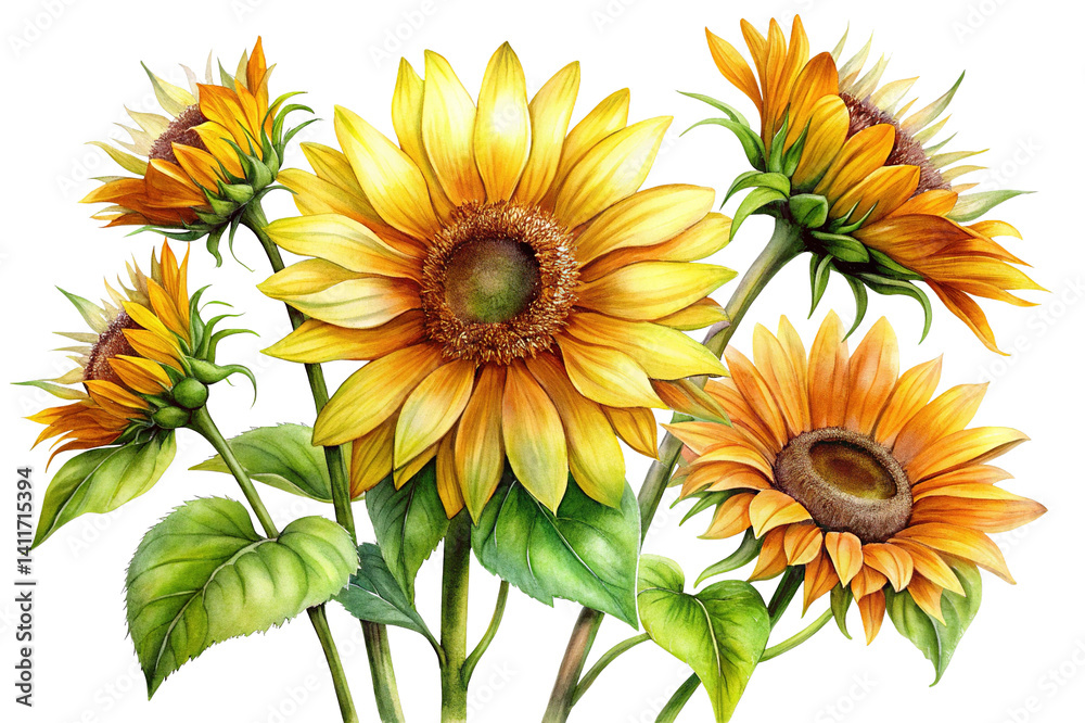 Naklejka premium Watercolor Painting of Vibrant Sunflowers with Realistic Details on Trensprent Background png
