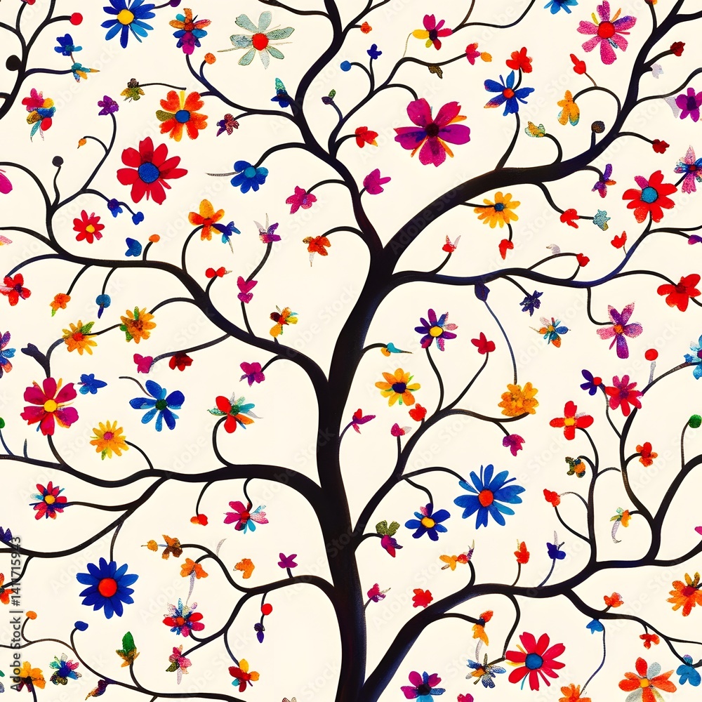 Fototapeta premium Vibrant Colorful Flower Tree Art Print, Blooming Floral Tree of Life