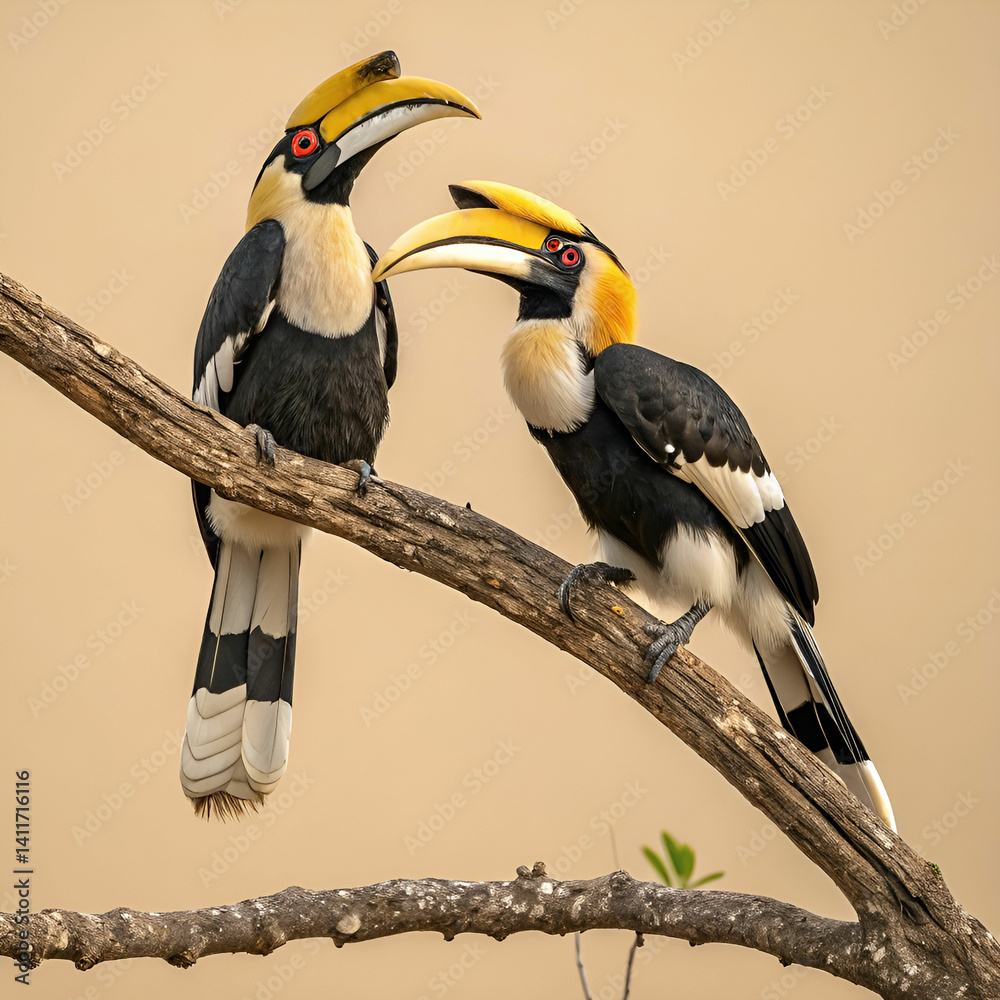 Obraz premium Great hornbills, front-facing full-body view of two majestic hornbills perched together, showcasing their large, colorful beaks and striking black and yellow plumage against a lush forest backdrop.