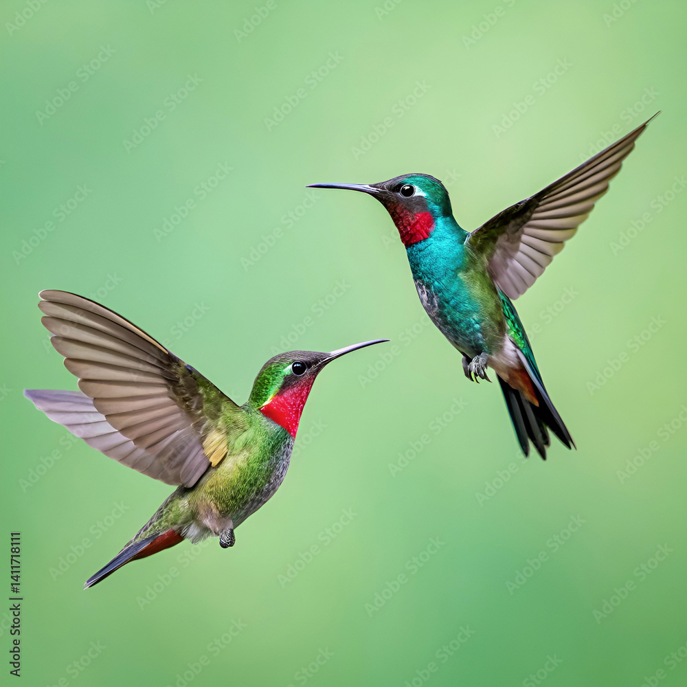 Fototapeta premium Hummingbirds, full-frame image of two hummingbirds in flight, captured mid-hover with iridescent feathers shimmering in the light, surrounded by vibrant flowers and lush greenery.