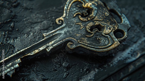 Close-up of a car ignition key, highlighting intricate details and visible wear on the teeth, capturing texture and metallic shine.

