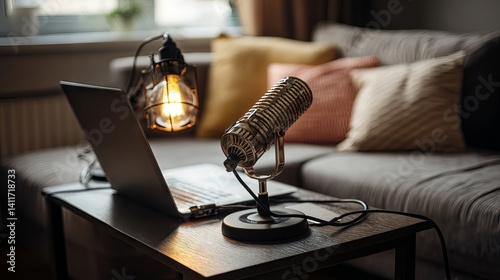 Close‑up of modern home podcast studio workspace with cardioid microphone, open laptop, and illuminated red “ON AIR” sign lamp on wooden desk under warm ambient lighting