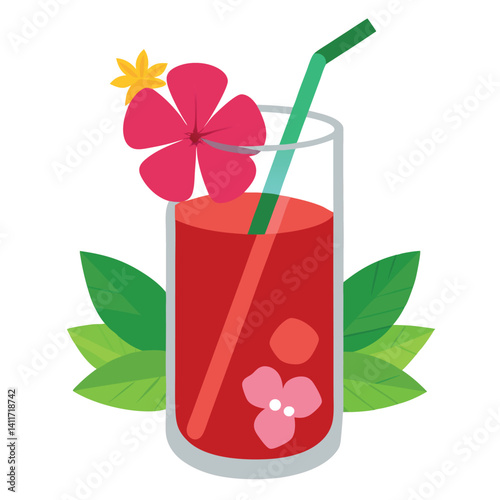 Hibiscus iced tea with flower garnish in white background.