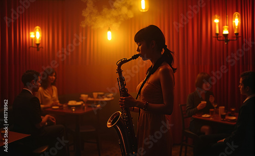 A stylish japanese woman playing the saxophone in a classic Tokyo jazz club photo