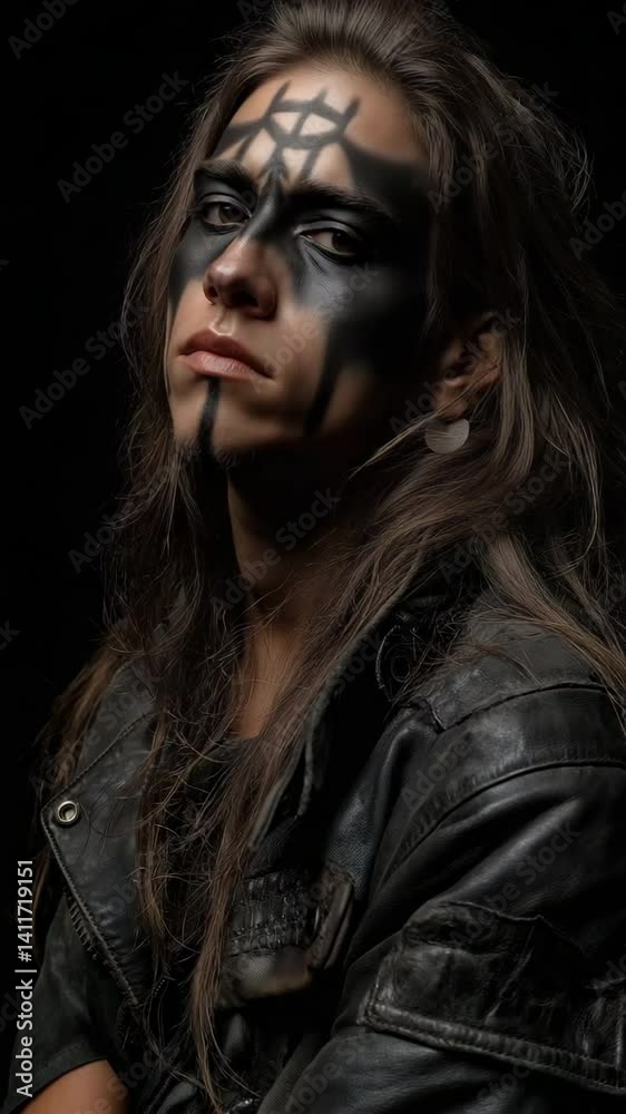 Standing in a leather jacket is a black metalhead dude with long brown hair and a painted face. Standing in a leather jacket is a black metalhead dude with long brown hair and a painted face.