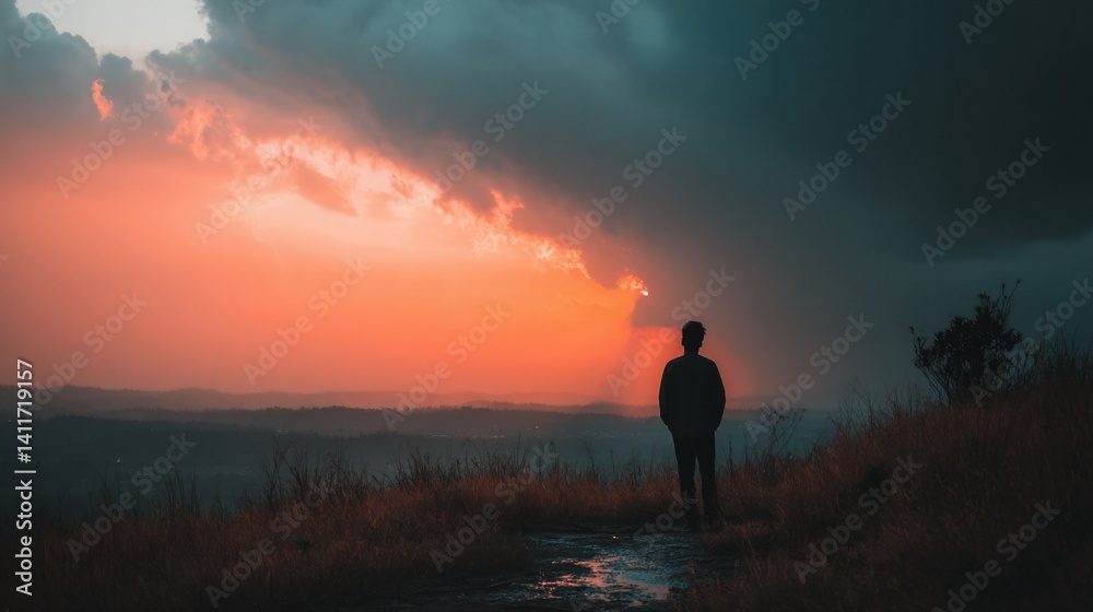 Fototapeta premium Silhouette figure stands on a hilltop at sunset, dramatic clouds