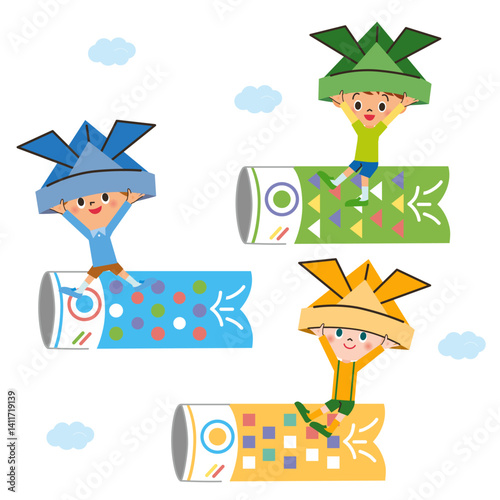 カラフルで可愛い鯉のぼりに乗っている子供達