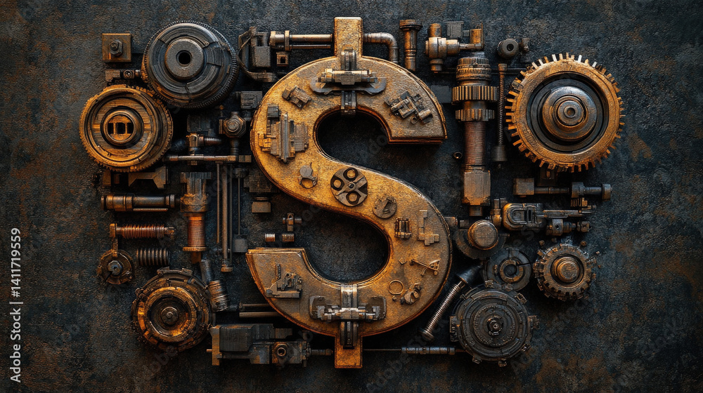 dollar sign crafted from intricate mechanical parts, showcasing gears, bolts, and cogs in steampunk style. metallic textures and industrial design create vintage, artistic feel dollar sign crafted from intricate mechanical parts, showcasing gears, bolts, and cogs in steampunk style. metallic textures and industrial design create vintage, artistic feel