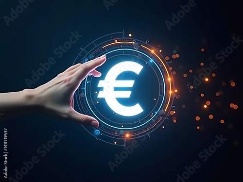 Futuristic digital illustration of a glowing euro symbol (€) in a high-tech holographic interface, with a human hand interacting. Blue and orange light effects enhance depth.