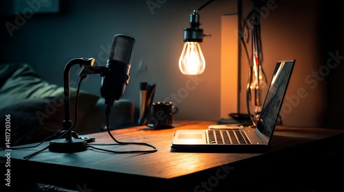 Close‑up of modern home podcast studio workspace with cardioid microphone, open laptop, and illuminated red “ON AIR” sign lamp on wooden desk under warm ambient lighting