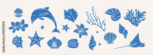 Flat vector retro doodle nautical elements