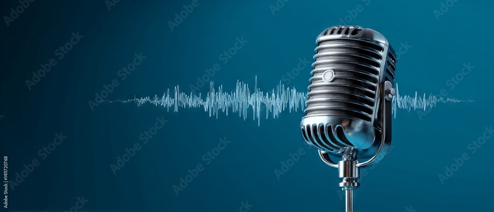 Dynamic podcast microphone with flowing audio waveform on vibrant blue background illustrating modern digital broadcasting and voice‑over production banner