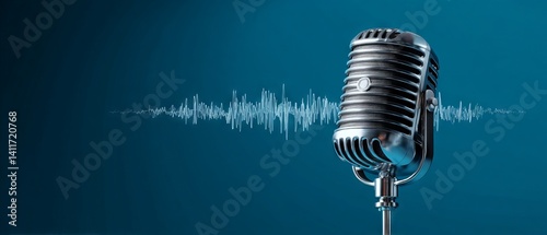 Obraz na płótnie Dynamic podcast microphone with flowing audio waveform on vibrant blue background illustrating modern digital broadcasting and voice‑over production banner w salonie