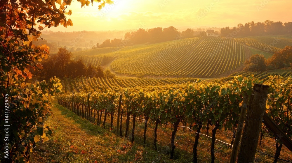 Fototapeta premium Golden Hour Vineyard: A Serene Autumn Landscape