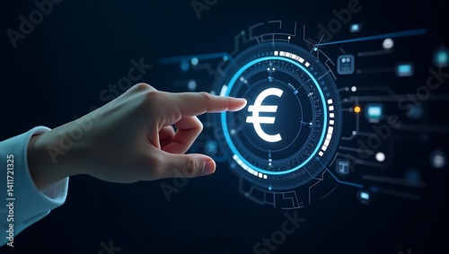 Futuristic digital illustration of a glowing euro symbol (€) in a high-tech holographic interface, with a human hand interacting. Blue and orange light effects enhance depth.