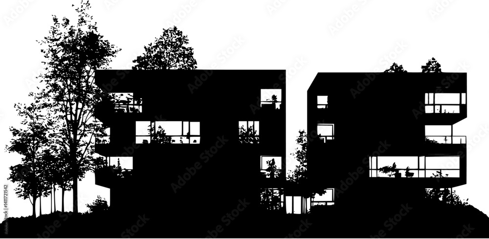 Fototapeta premium Silhouette of Co-housing building, Co-housing building vector illustration