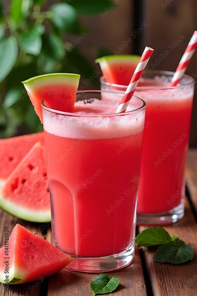 Watermelon smoothie with fresh watermelon slice at the background. Watermelon juice. A refreshing summer beverage. Tropical fruits Watermelon smoothie with fresh watermelon slice at the background. Watermelon juice. A refreshing summer beverage. Tropical fruits